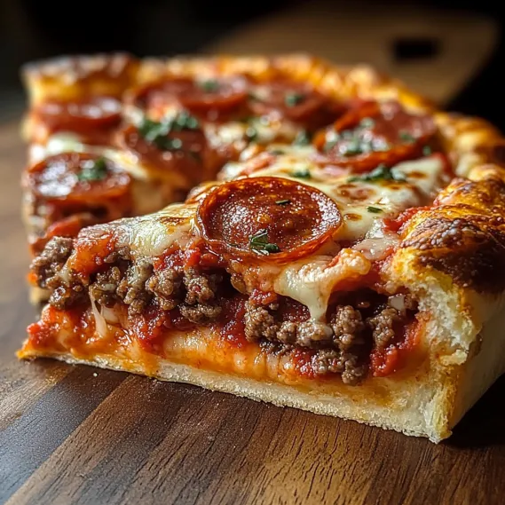 Pepperoni pizza slice sitting on a wooden surface.
