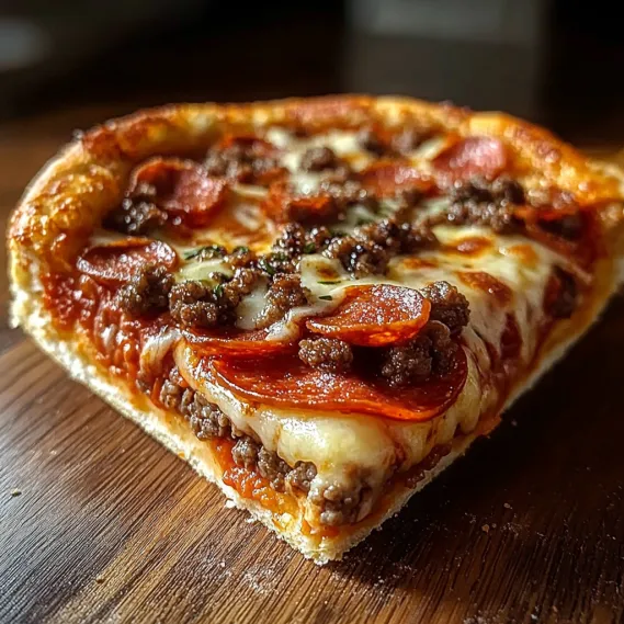 A slice of pepperoni pizza on a wooden table.
