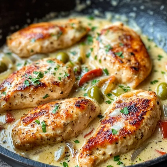 A pan of chicken with creamy sauce.