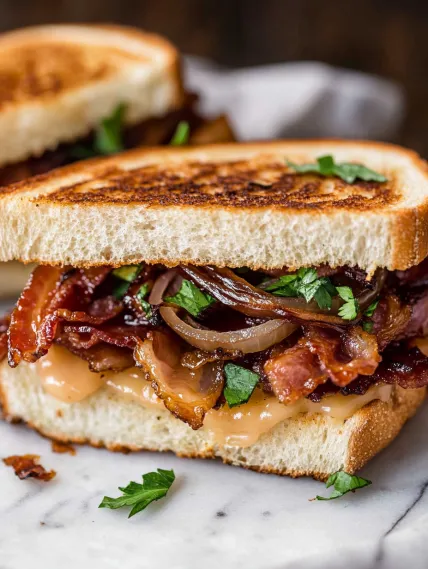 A sandwich with bacon, onions, and lettuce.