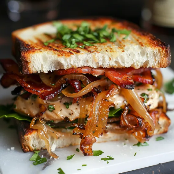 A sandwich with bacon, onions, and lettuce.