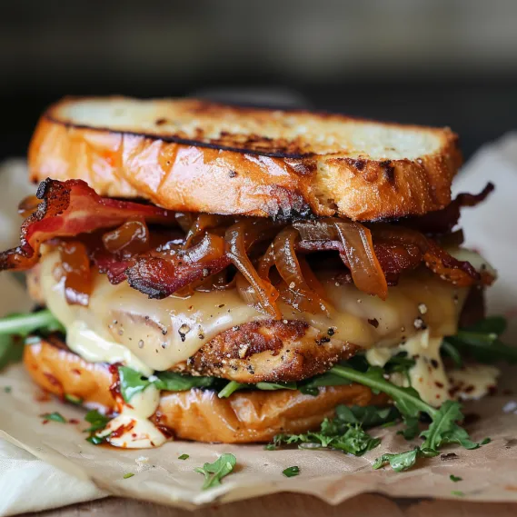 A sandwich with bacon and onions.
