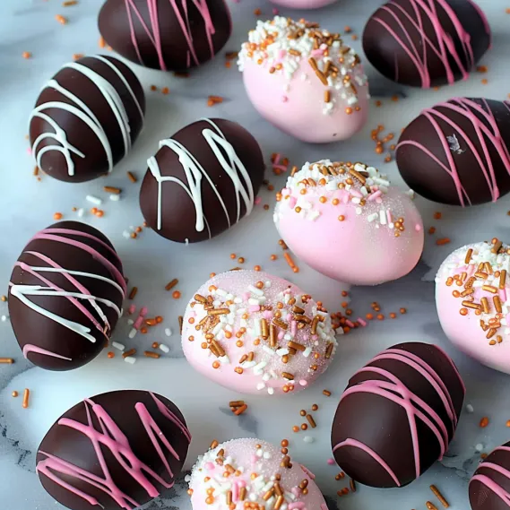 Cute pink and white marshmallows coated in chocolate.