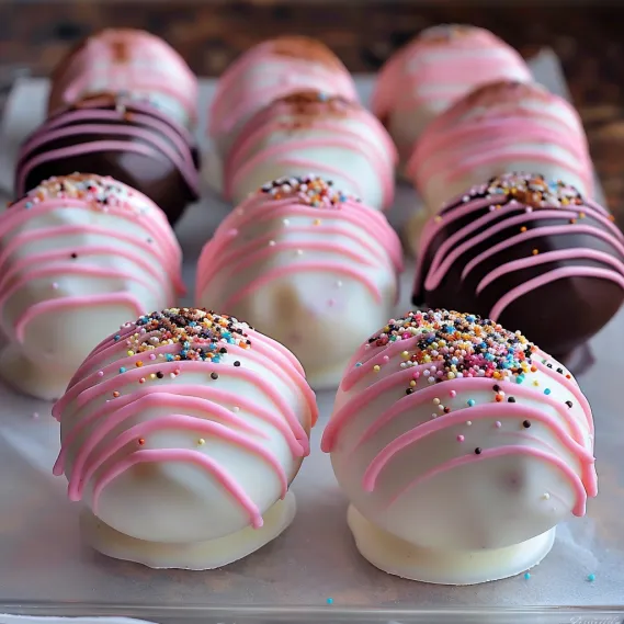 A plate of chocolate and pink frosted cake balls.