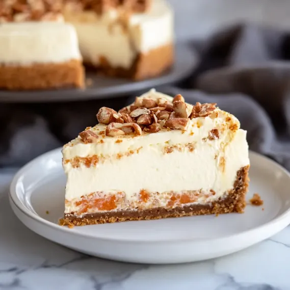 A slice of cake with nuts on top.