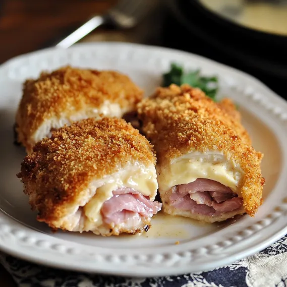 Cheesy and ham-stuffed chicken dish.