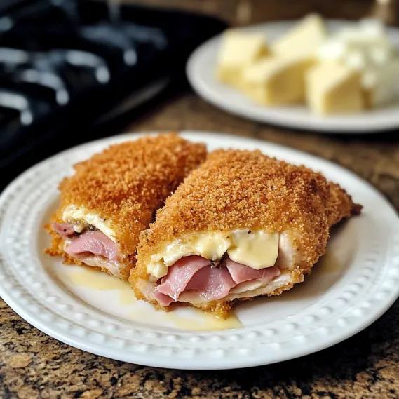 A plate of food with a piece of meat and cheese.