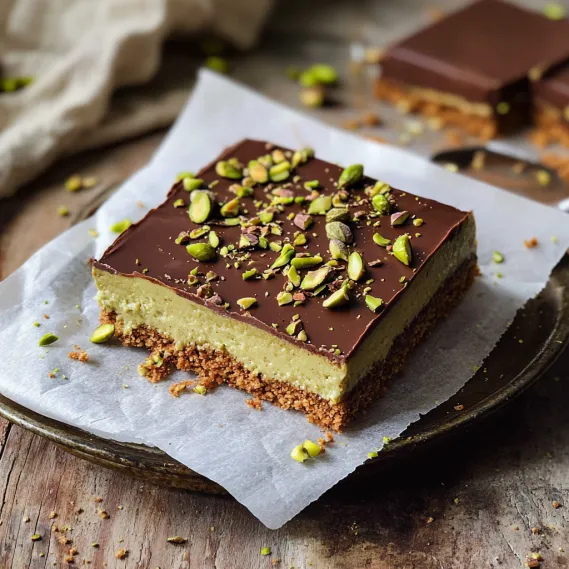 A slice of dessert topped with chocolate and pistachios.