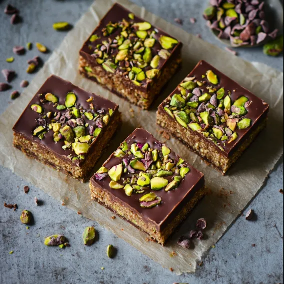 Four pieces of chocolate cake with almonds.
