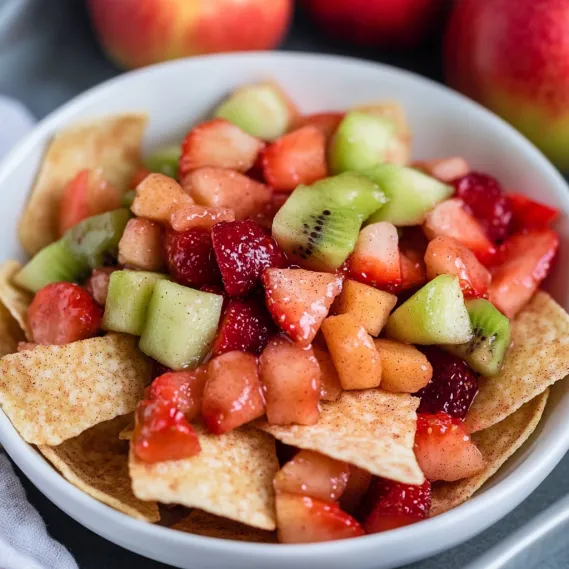 A colorful fruit bowl topped with a tortilla chip.