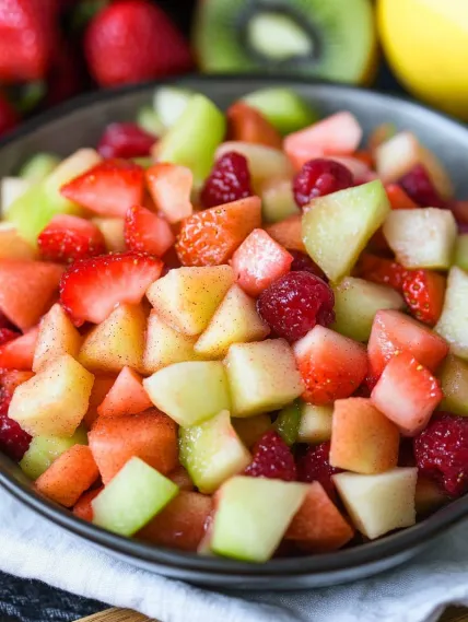 A bowl of fruit with strawberries, watermelon, and cantaloupe.