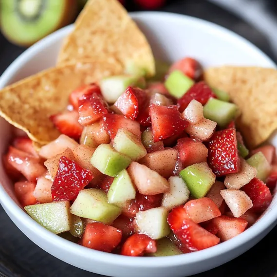 A bowl of fruit with a tortilla chip on top.