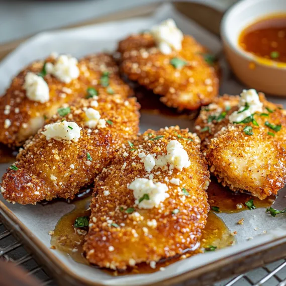 A plate of breaded chicken with cheese and sauce.