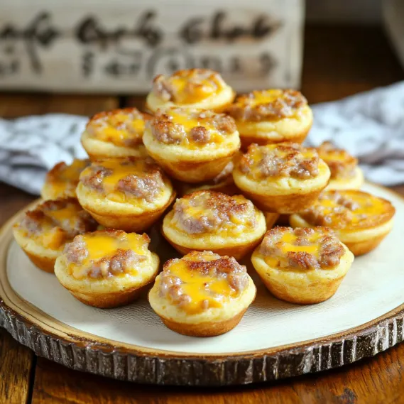 Stacked golden mini muffins with melted cheese and sausage.