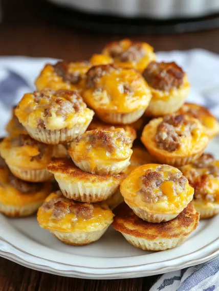 A stack of muffins with cheese and meat filling.