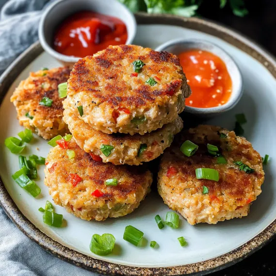 Golden tuna cakes with dipping sauces on the side.