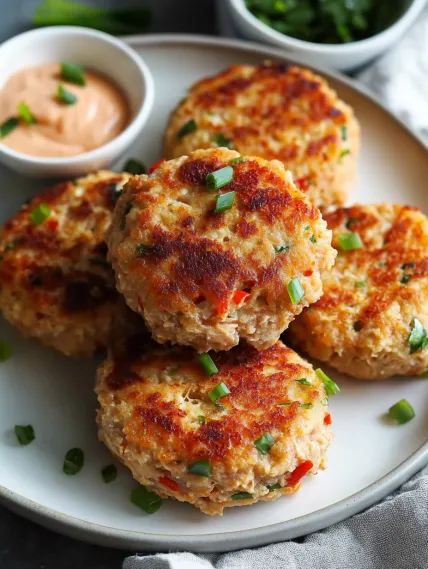 A plate of crab cakes with a dipping sauce.