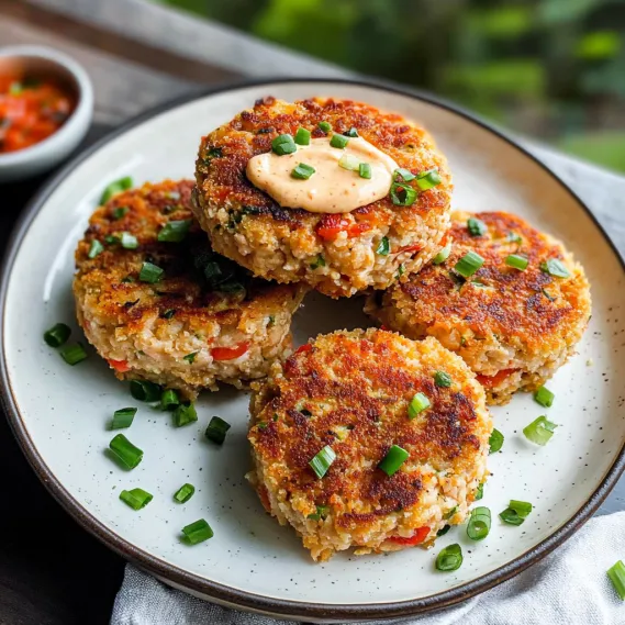 A plate of crab cakes with a sauce on top.