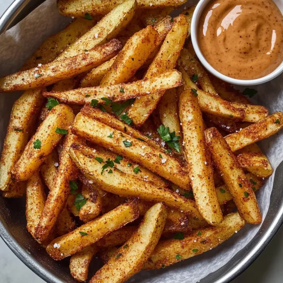 A plate of golden fries with dipping sauce.