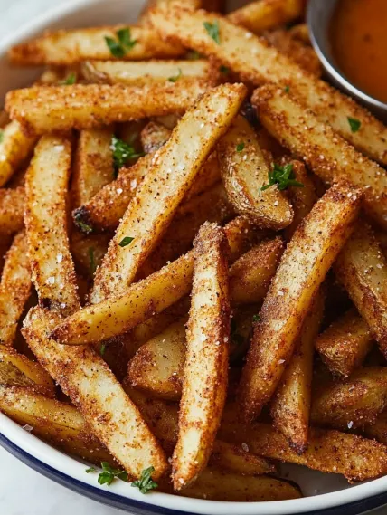 A plate of french fries with a dipping sauce.
