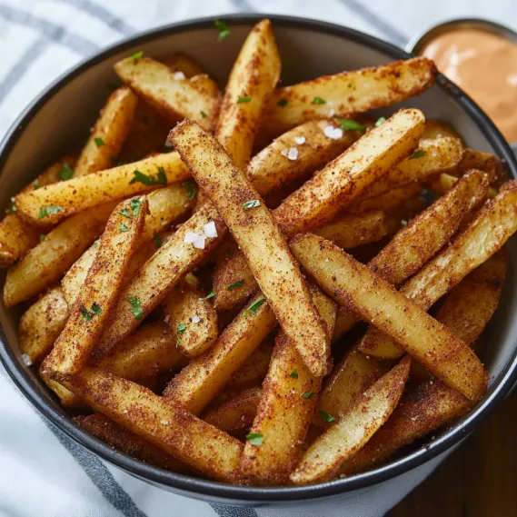 A bowl of fries with a dipping sauce.