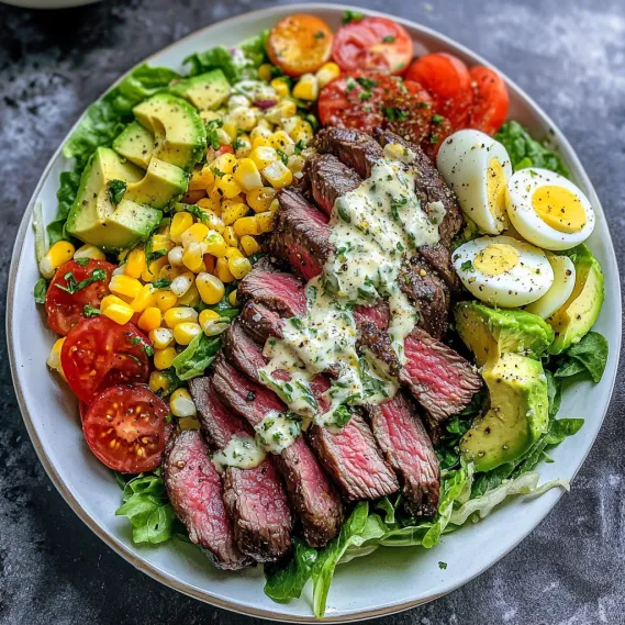 A flavorful meal with steak, eggs, and colorful veggies.