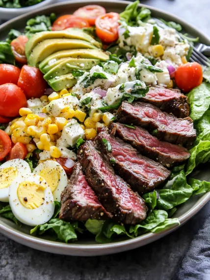 A plate of food with meat, vegetables and avocado.