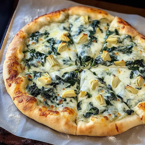 Golden crust topped with creamy spinach, shimmering cheese, and artichoke