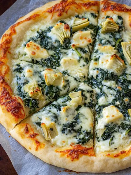 A pizza with spinach and cheese on it.