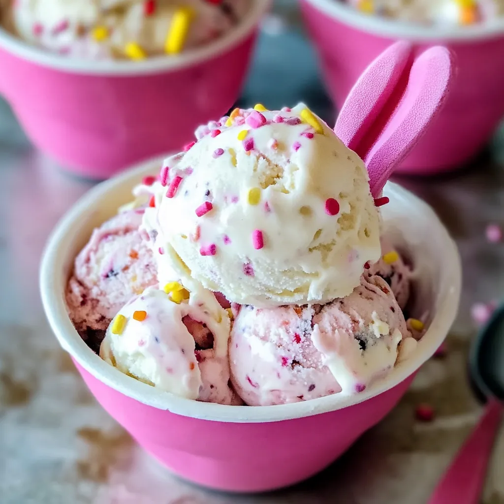 A fun pink bowl filled with colorful ice cream and sprinkles.