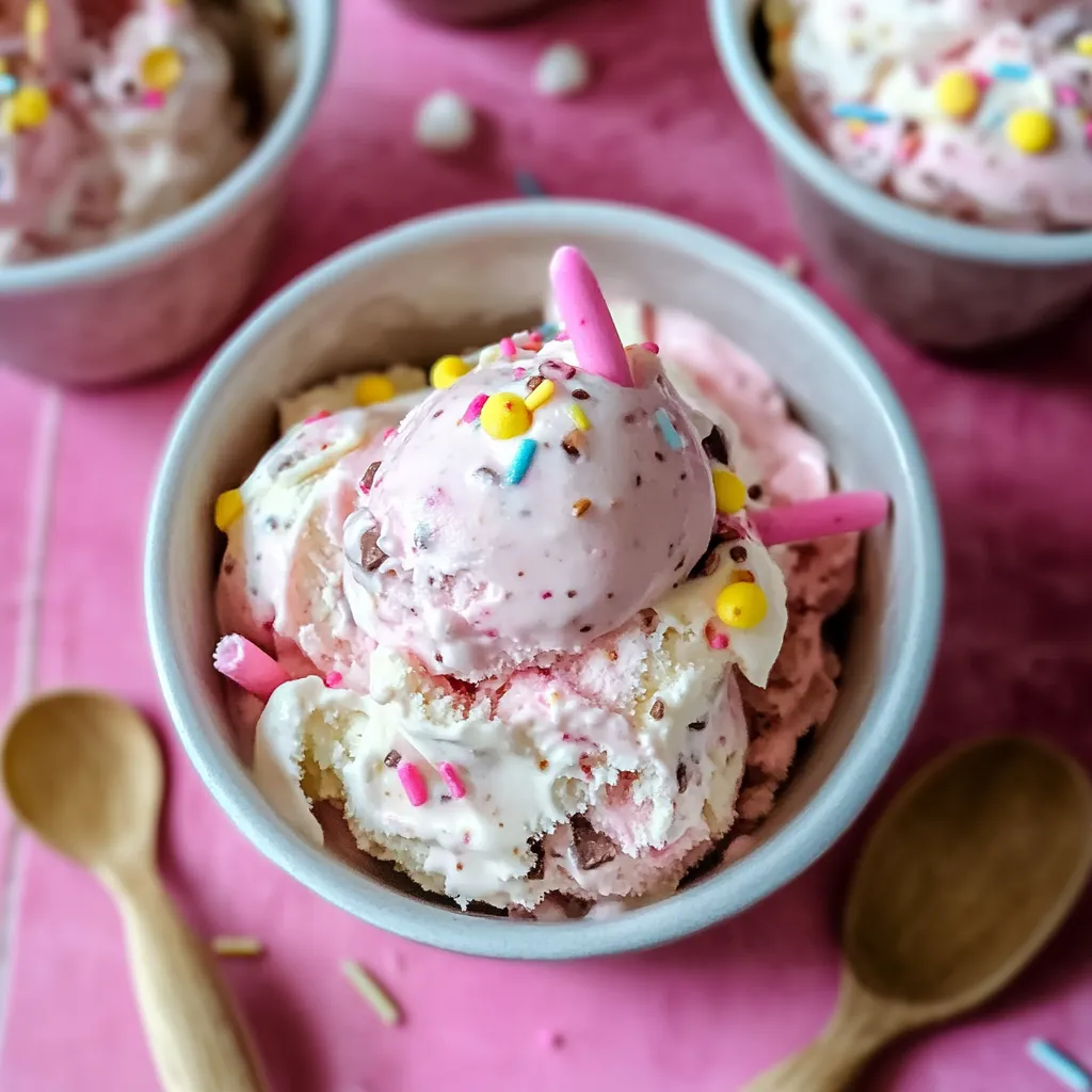 A bowl of pink ice cream with a spoon in it.