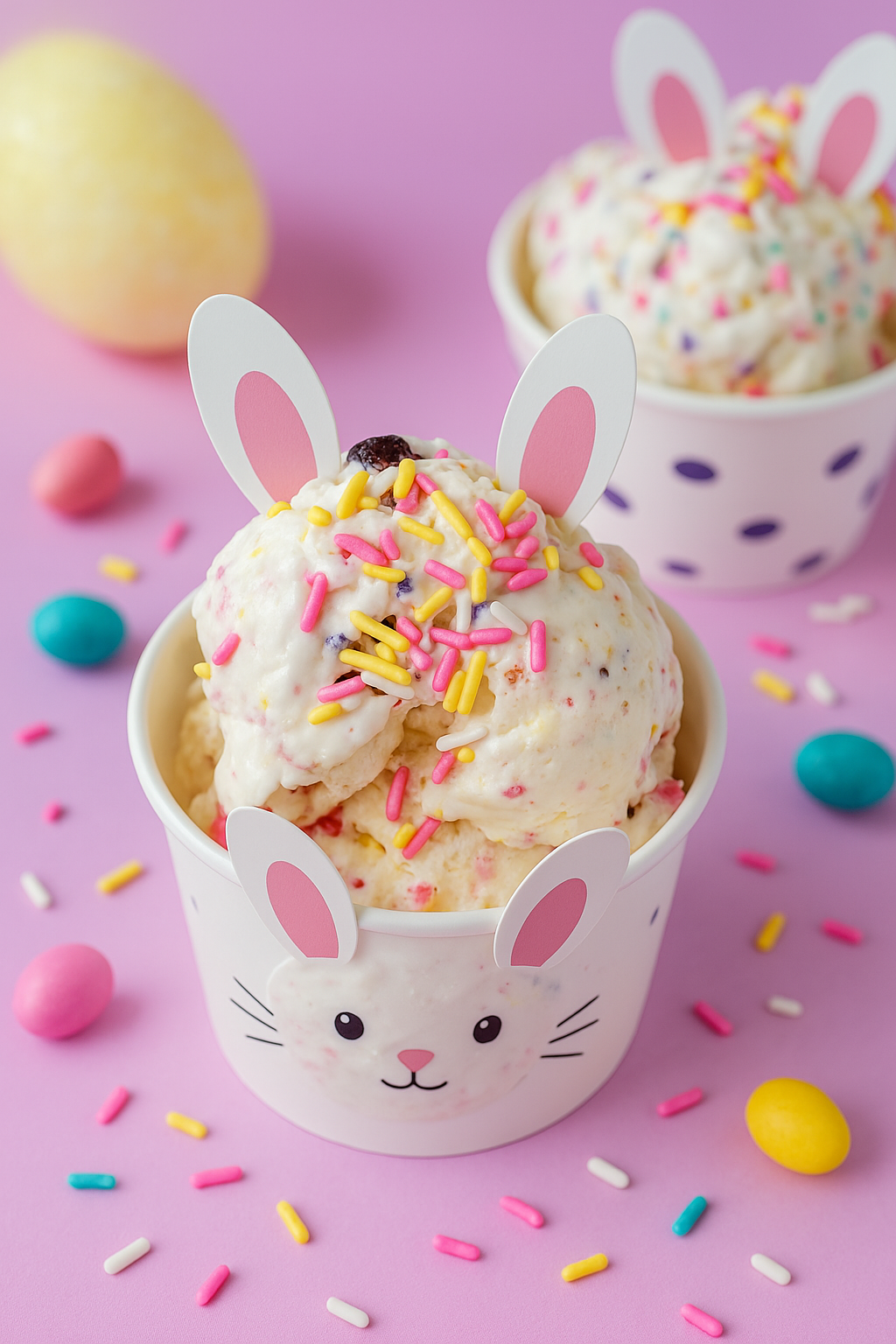 A cup of ice cream with a rabbit shaped spoon.