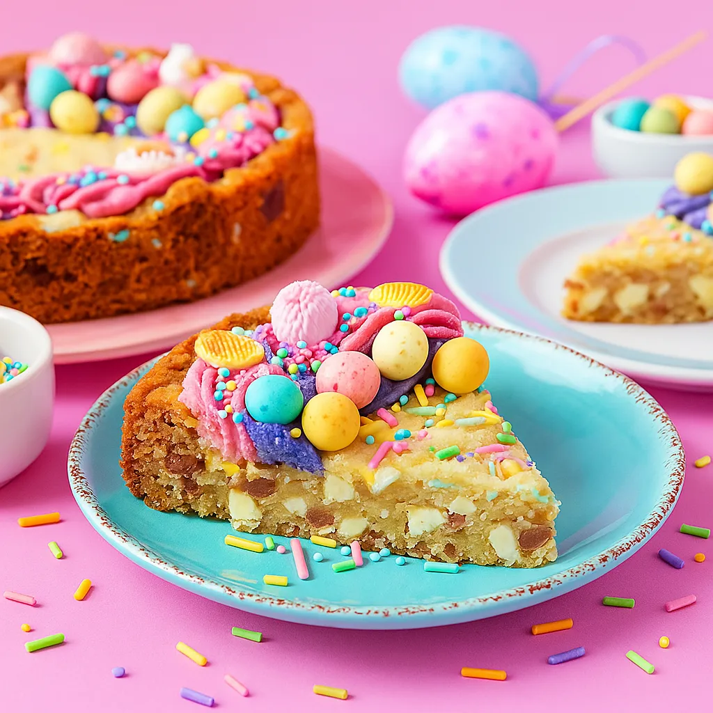A colorful treat slice topped with marshmallows, alongside a bowl of candy eggs.