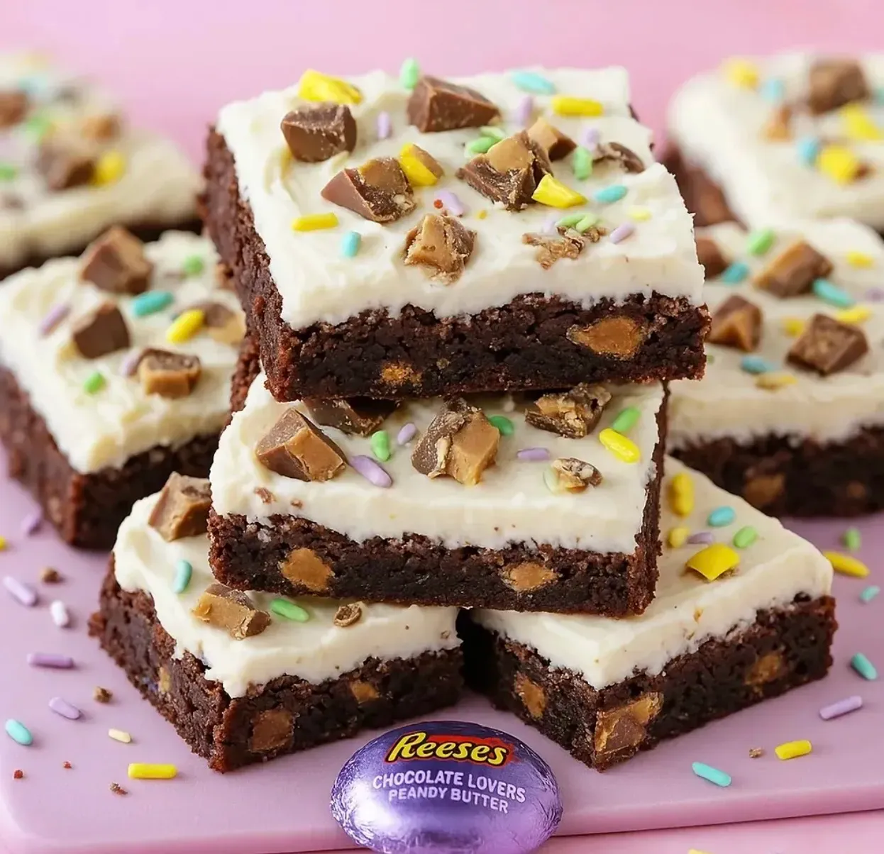 A piece of chocolatey brownie with peanut butter candies on top.