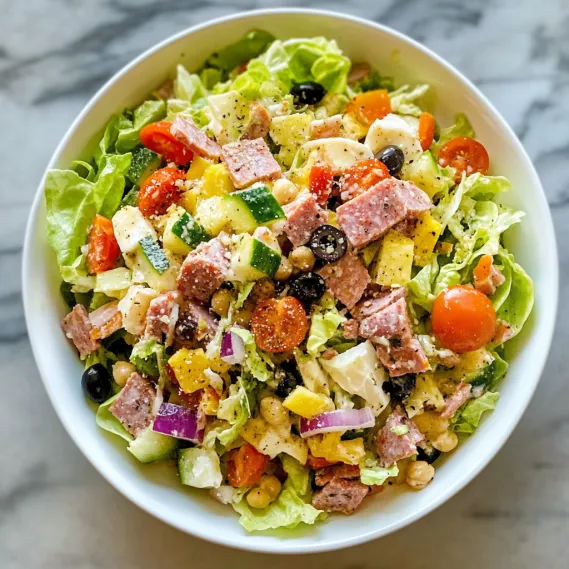 A colorful bowl filled with meats, cheese, and crunchy veggies.