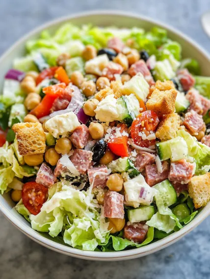 A bowl of salad with tomatoes, lettuce, and ham.