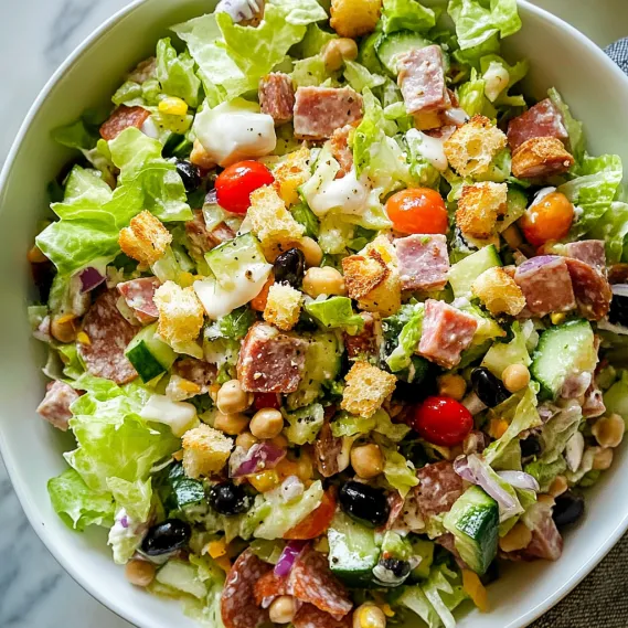 A bowl of salad with meat and vegetables.