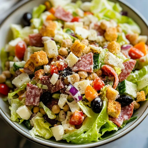 A bowl of salad with lettuce, tomatoes, olives, and ham.