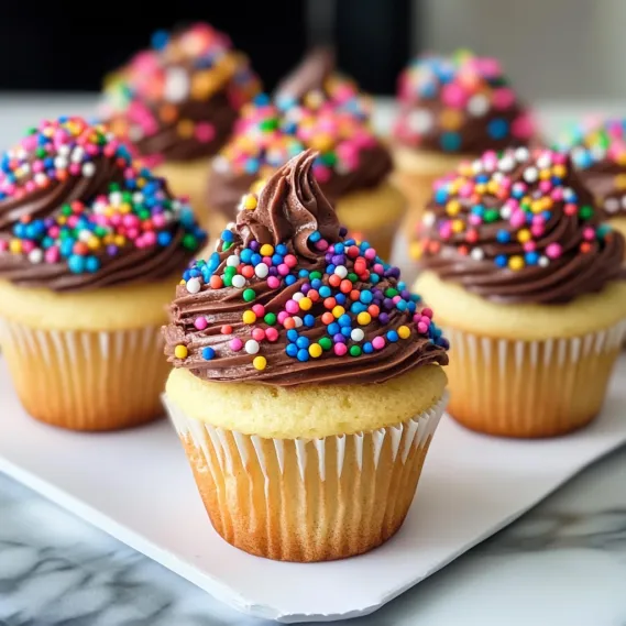 Cupcakes topped with chocolate and sprinkles on a platter.