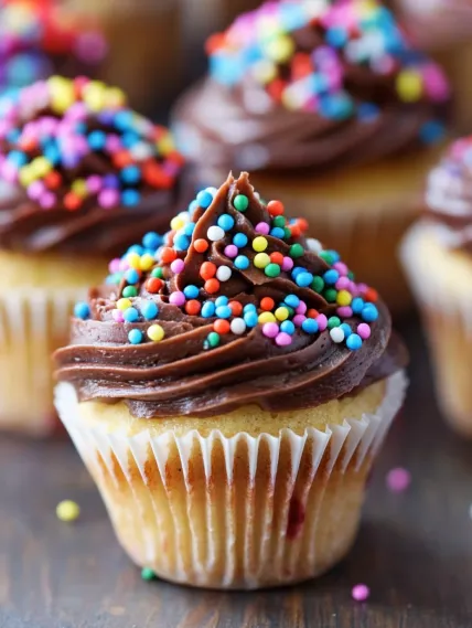 A cupcake with chocolate frosting and sprinkles.