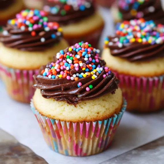 A cupcake with chocolate frosting and sprinkles.