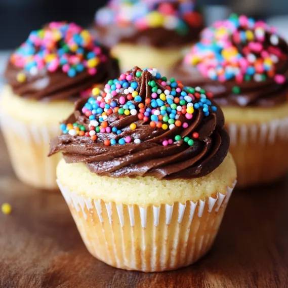 A cupcake with chocolate frosting and sprinkles.