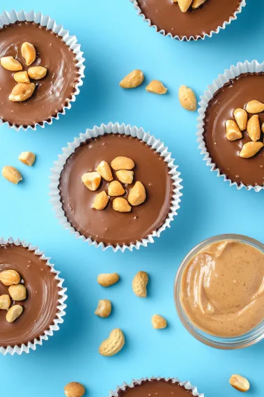 A close-up view of a chocolate treat garnished with peanuts.