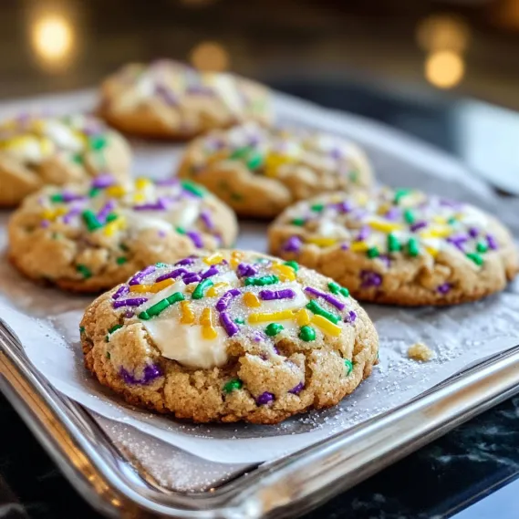 Cookies covered in purple, green, and gold sprinkles sitting on a baking tray.