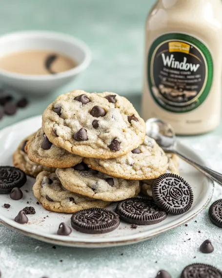 Cookies piled on a plate with a bottle in the background.