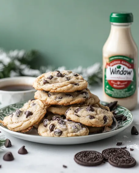 A plate of chocolate chip cookies with a bottle of window sauce.