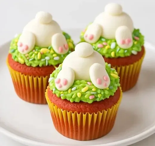Decorative cupcakes with fluffy frosting in white and pink.