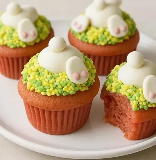 Cupcakes with bunny ears and a bunny on the plate.