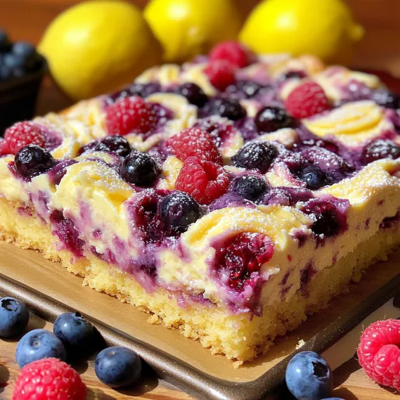 A tasty cake slice crowned with raspberries and blueberries.