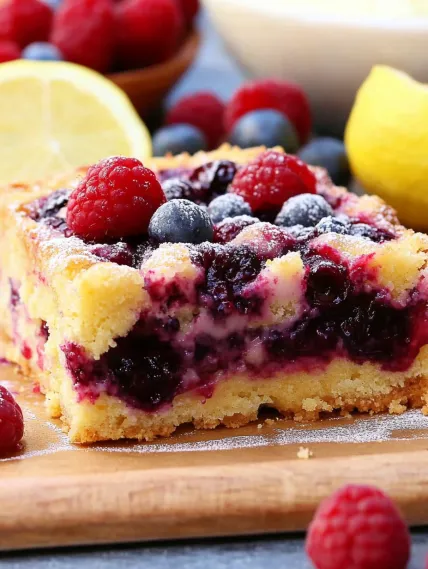 A slice of cake with berries on top.